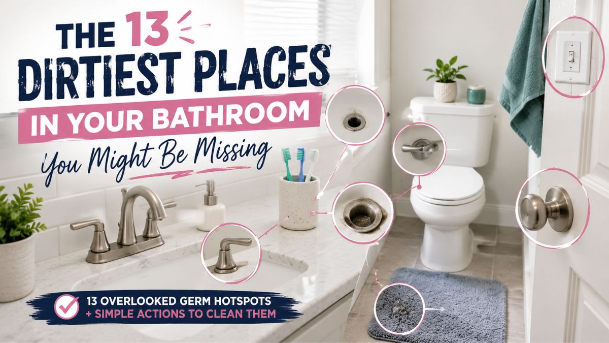 Bright bathroom highlighting overlooked dirty areas including the sink, toothbrush holder, toilet, light switch, door handle and bath mat.