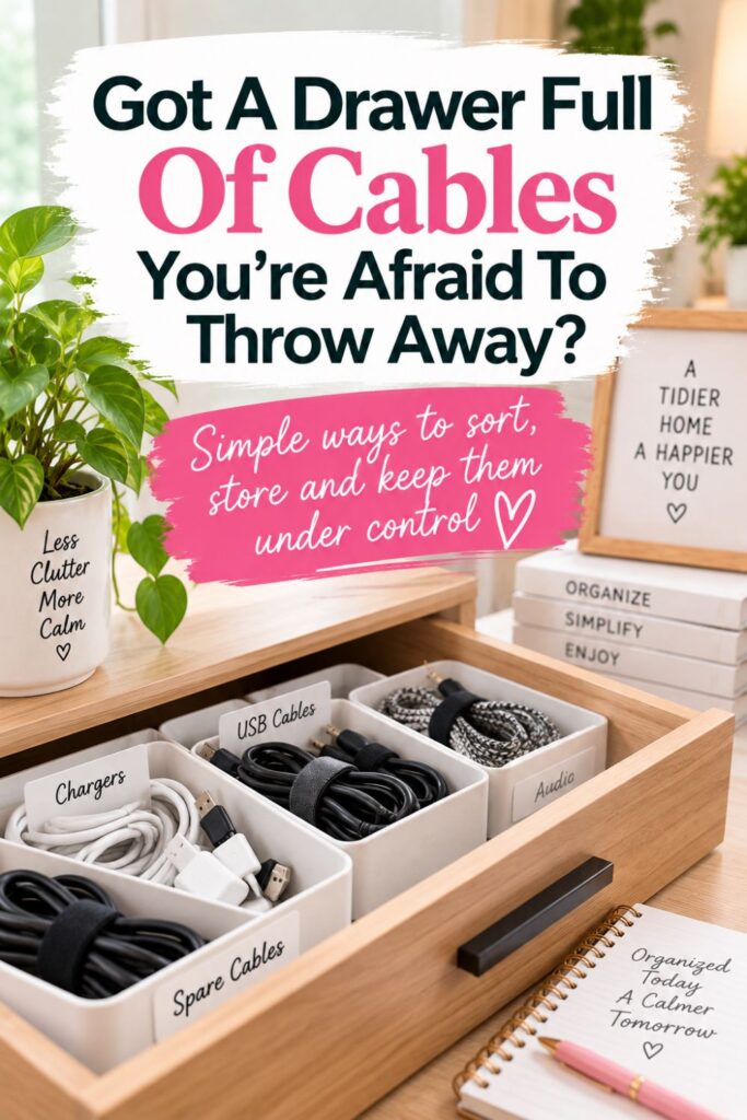 Organized drawer with charging cables, USB cables and spare cords sorted into labeled containers.