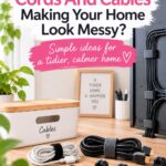 Organized cords and cables with reusable ties, cable clips and storage box on a tidy desk.