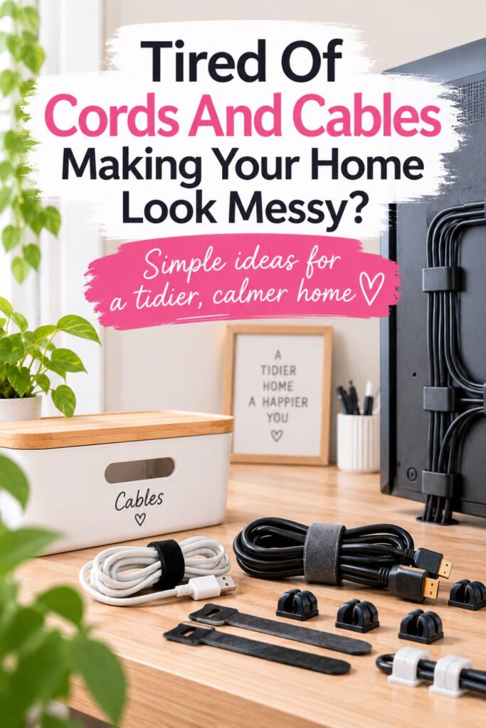 Organized cords and cables with reusable ties, cable clips and storage box on a tidy desk.
