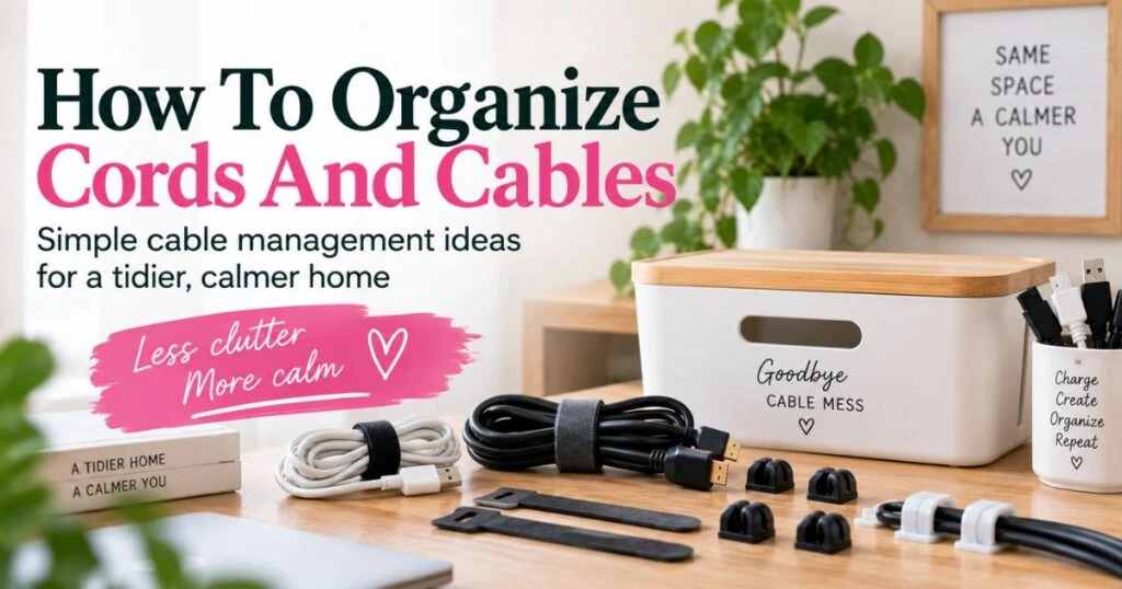 Organized cords and cables with reusable cable ties, cable clips and a labeled storage box.