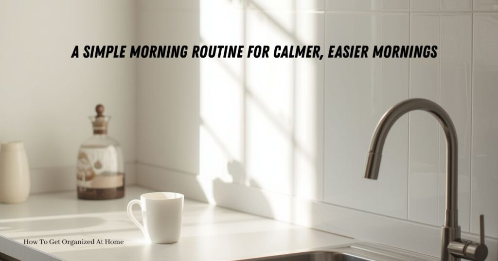 a early morning view of an empty kitchen side with a single cup on the side