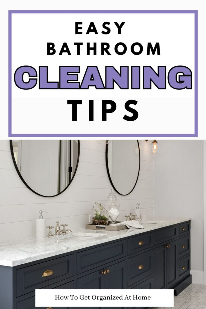 Blue vanity with two sinks and two oval mirrors on the wall with the words above the image: Easy Bathroom Cleaning Tips