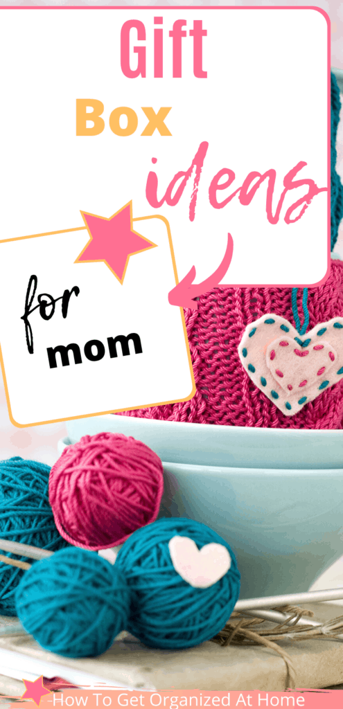 Gift box ideas for mom are the words on the image. The image is bowls with wool inside them and on the outside too. 