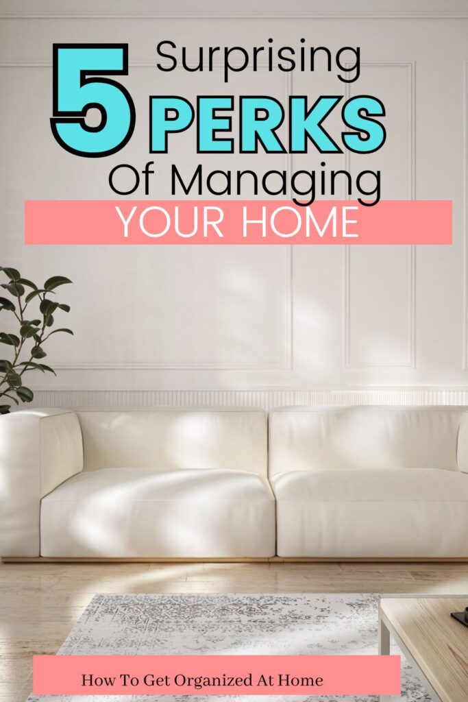 5 Surprising Perks of Managing Your Home, are the words at the top of the image with a couch and a plant in the image.