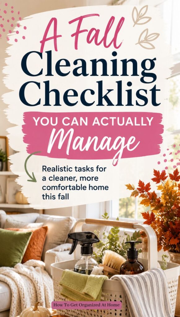 Fall cleaning checklist with cleaning supplies in a cozy living room decorated for autumn