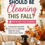 Fall cleaning checklist with cleaning supplies and autumn decor in a cozy living room