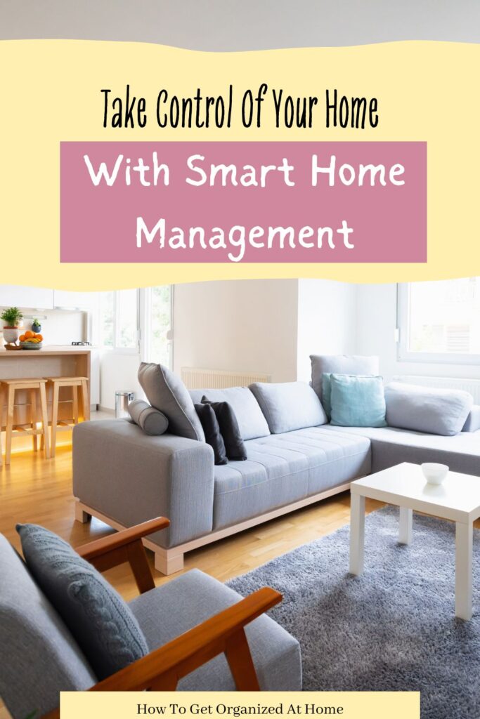 Open plan kitchen living room with furniture and the words ‘Take Control of Your Home with Smart Home Management’ in a banner at the top.