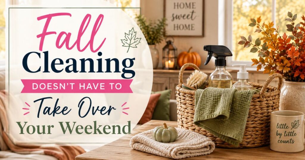 Fall cleaning supplies in a cozy living room with autumn decor
