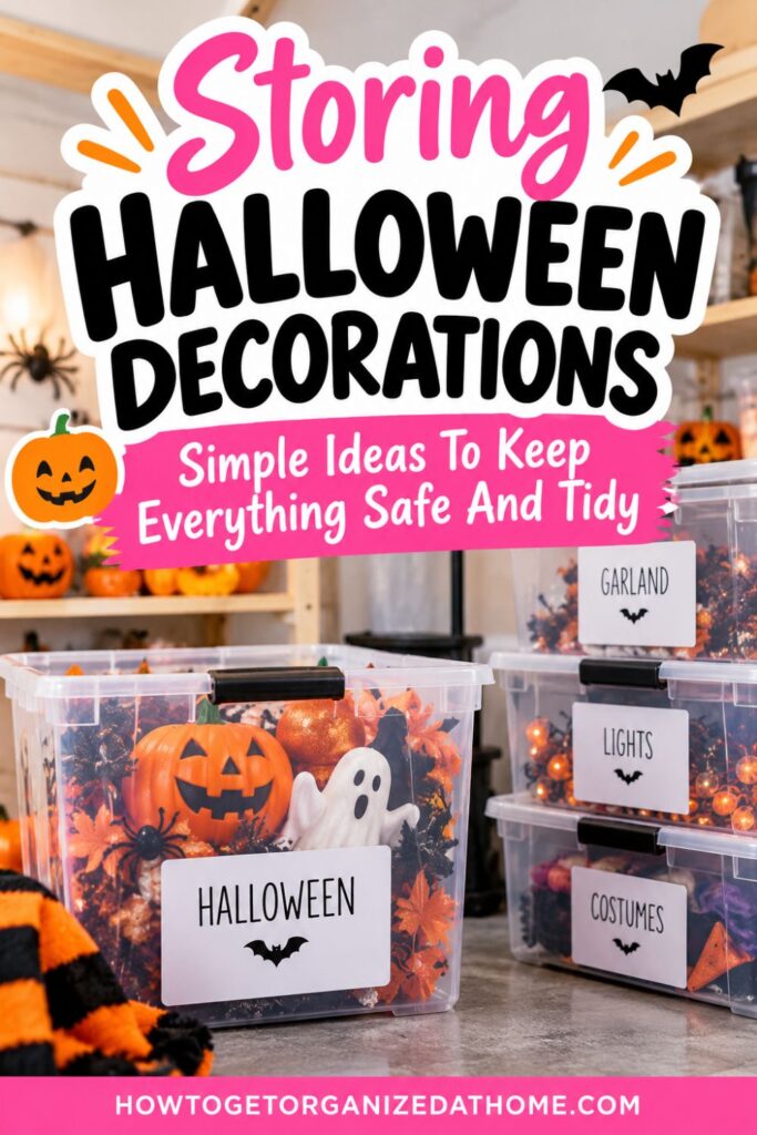 Clear storage bins filled with Halloween pumpkins, ghosts, garlands, lights, and costumes, with a pink overlay featuring Halloween decoration storage tips.