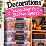 Halloween decorations organized in labeled clear storage bins on wooden shelves, with pumpkins, garlands, costumes and a pink text overlay about storage space.