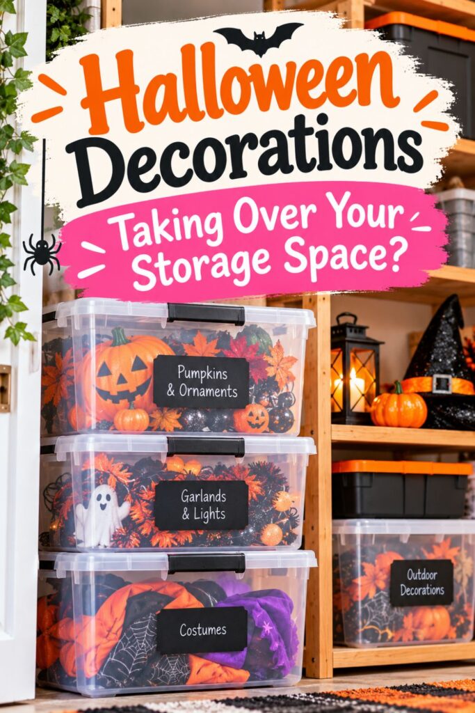 Halloween decorations organized in labeled clear storage bins on wooden shelves, with pumpkins, garlands, costumes and a pink text overlay about storage space.