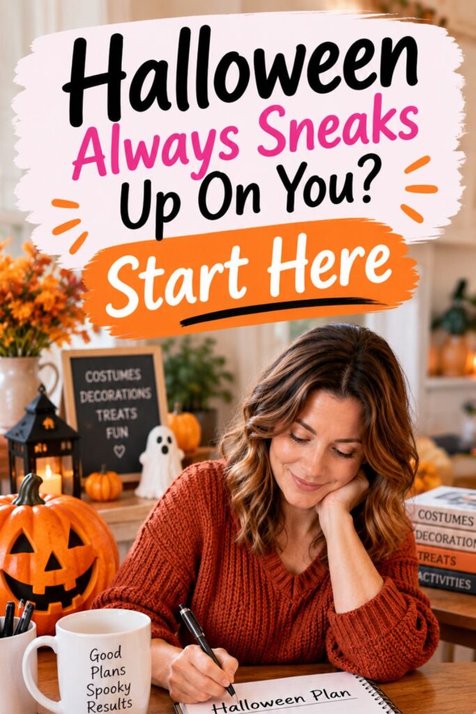 Woman writing a Halloween planning checklist at a table with pumpkins, treats and Halloween decorations.