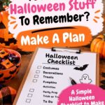 Halloween planning checklist on a table surrounded by pumpkins, treats and Halloween decorations.