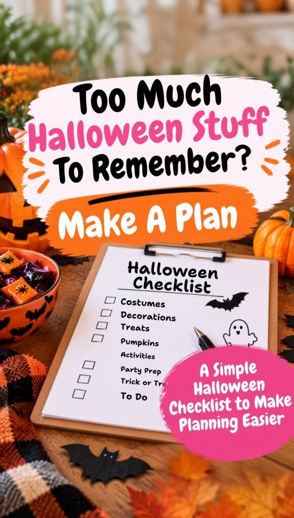 Halloween planning checklist on a table surrounded by pumpkins, treats and Halloween decorations.