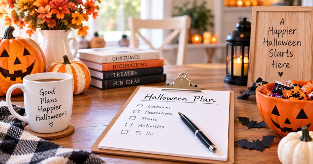Halloween planning checklist on a table with pumpkins, decorations, treats and a mug.