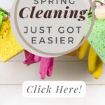 Your Spring Cleaning Just Got Easier – Click Here! are the words that sit in a brown circle on top of an image of cleaning gloves and sponges