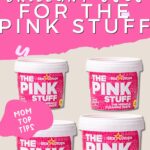 The words '25 Brilliant Uses for The Pink Stuff' are at the top of the image on a pink background, at the bottom of image is 4 images of the pink stuff cleaning paste.