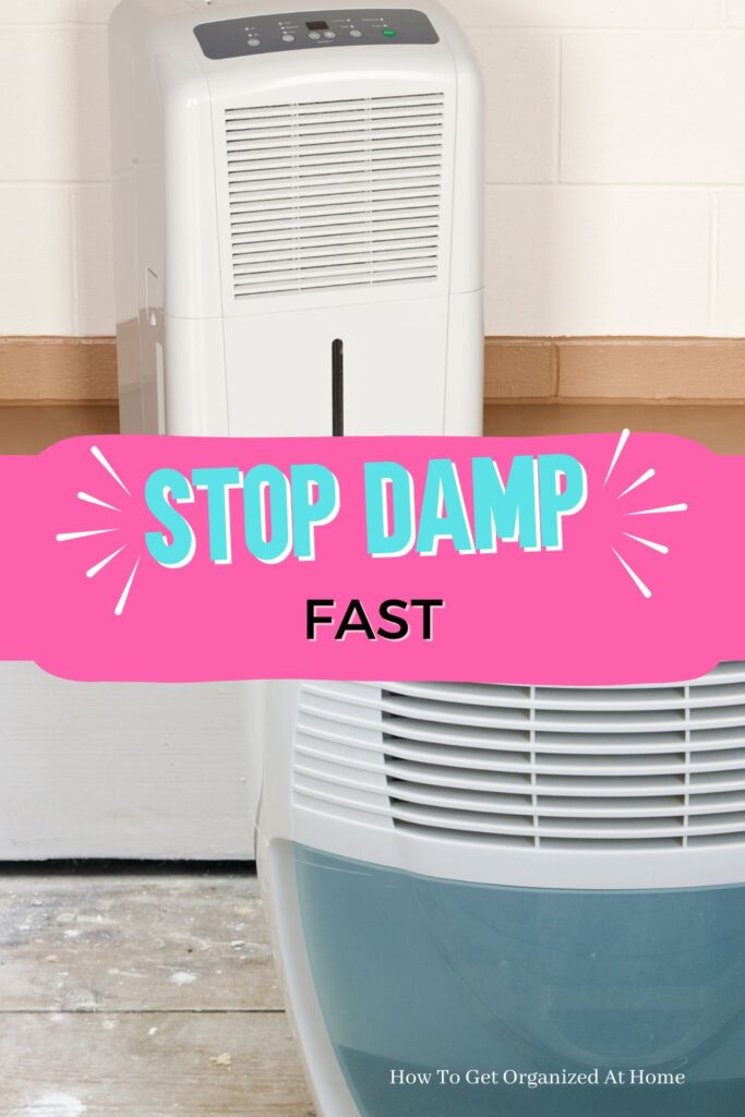 Pictures of two different dehumidifiers with the wording stop damp fast in the middle