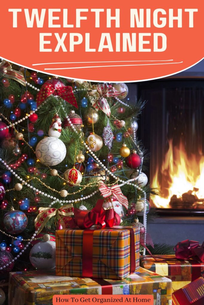 the words ‘Twelfth Night Explained’ are in an orange box above a Christmas scene with decorated Christmas tree and gifts with a fire in the background. 
