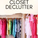 5 minute closet declutter appear above the image of a colour coordinated closet.
