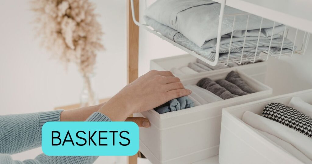 white baskets in a closet