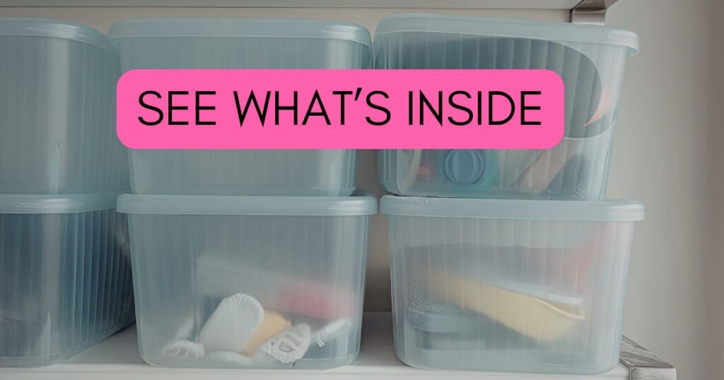 clear storage boxes with the words see what's inside on top