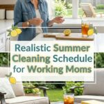 A bright, sunlit Pinterest Pin graphic with a vertical split screen layout. The top half shows a smiling woman in a denim shirt standing in a clean, white kitchen next to a wooden cutting board with a lemon slice and an iced tea. The bottom half shows a cozy outdoor patio lounge with sun loungers and a glass of iced tea on a table. Overlaid text in bold teal and gold letters reads: "Realistic Summer Cleaning Schedule for Working Moms".