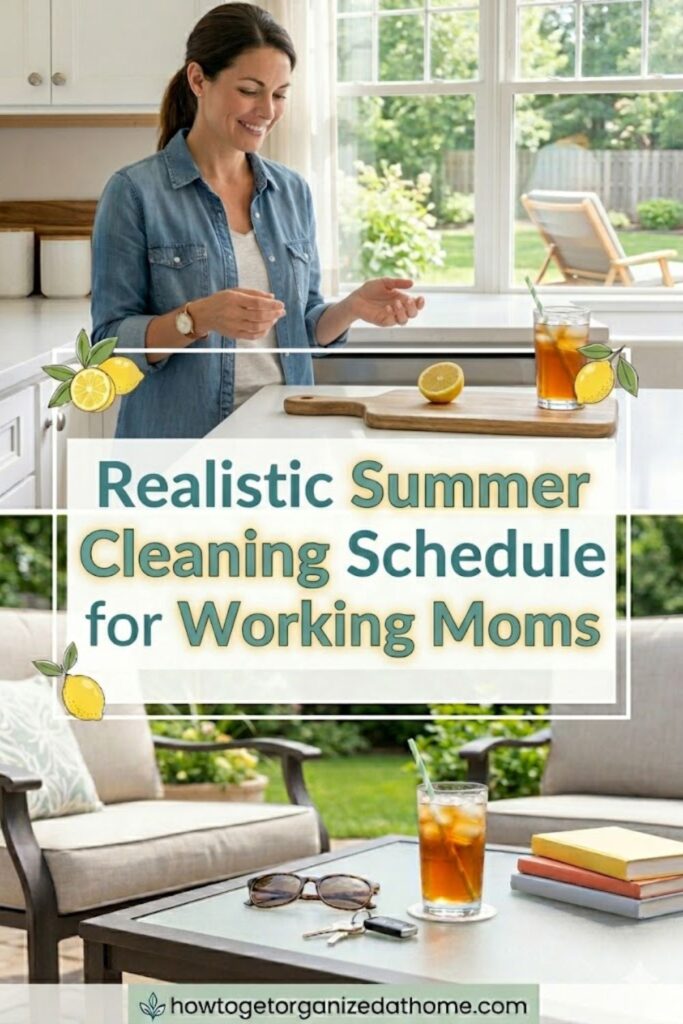 A bright, sunlit Pinterest Pin graphic with a vertical split screen layout. The top half shows a smiling woman in a denim shirt standing in a clean, white kitchen next to a wooden cutting board with a lemon slice and an iced tea. The bottom half shows a cozy outdoor patio lounge with sun loungers and a glass of iced tea on a table. Overlaid text in bold teal and gold letters reads: "Realistic Summer Cleaning Schedule for Working Moms".