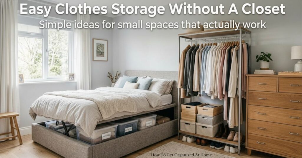 Neatly organized small bedroom without a closet featuring a clothing rack, labeled plastic storage boxes, chest of drawers, and underbed storage ideas for maximizing space.