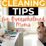 A split-screen Pinterest pin template for "howtogetorganizedathome.com". The left side shows a messy kitchen counter filled with dirty dishes, crumbs, and colorful kid toys around the sink. The right side shows a clean, bright white kitchen where a smiling mom stands peacefully holding a coffee mug. Bold text overlays the image, reading "SUMMER CLEANING" in white letters inside a bright orange block, followed by the word "TIPS" in massive black block letters, and "for Overwhelmed Moms" in a coral script font below.
