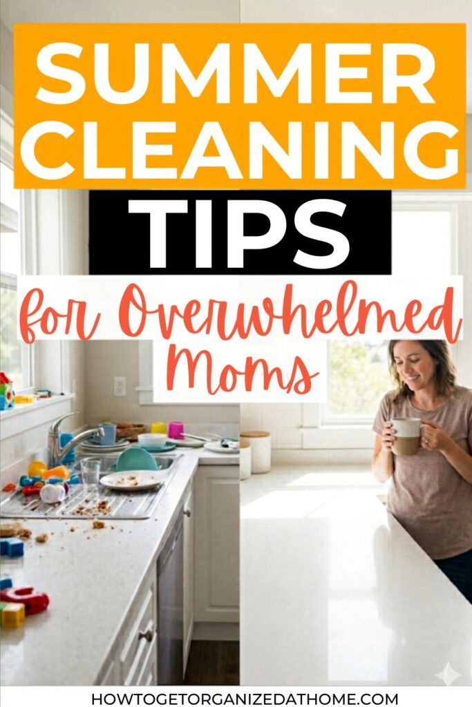 A split-screen Pinterest pin template for "howtogetorganizedathome.com". The left side shows a messy kitchen counter filled with dirty dishes, crumbs, and colorful kid toys around the sink. The right side shows a clean, bright white kitchen where a smiling mom stands peacefully holding a coffee mug. Bold text overlays the image, reading "SUMMER CLEANING" in white letters inside a bright orange block, followed by the word "TIPS" in massive black block letters, and "for Overwhelmed Moms" in a coral script font below.
