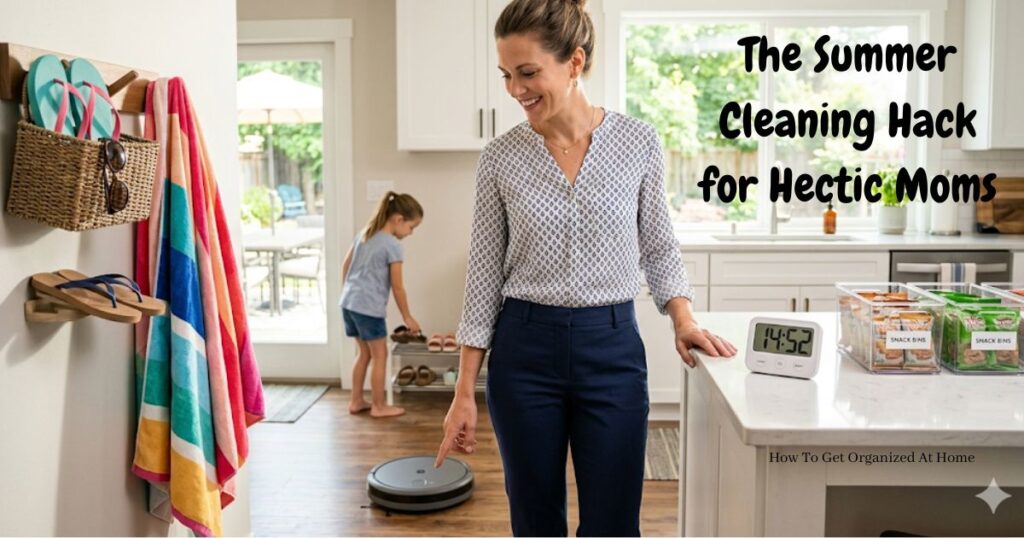 A cheerful working mom in comfortable work clothes stands in a sunny, neat kitchen, smiling as she hangs a patterned beach towel on a wall hook. She is also starting a robot vacuum cleaner. A visual '15-minute zone' timer counts down on the counter near a 'snack bin' station where a young child tidy's up. The scene illustrates a low-stress summer routine, with text overlay reading "The Summer Cleaning Hack for Hectic Moms."