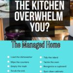 "Vertical Pinterest pin showing a split design. The top shows a busy, messy kitchen counter. Text overlay says: 'cleaning the kitchen overwhelming you? '. The bottom is a teal graphic checklist under the header 'The Managed Home' It lists 10 small kitchen tasks like 'Load the dishwasher', 'Wipe the counters', and 'Empty the trash', with circles to check.