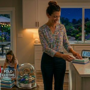 A horizontal, warm nighttime photograph of a busy domestic kitchen, showing a smiling mother interacting with a tidy counter. On the right, clean 'TOWELS' are stacked next to a robot vacuum displaying '21:00'. To the left, a 'FOLD CLOTHS' text overlay sits above a stack of towels, near an unique glass cloche filled with natural elements. In the open patio doorway, a young girl is happily folding a cloth. The overall scene is serene and organized, despite the busy family activities.