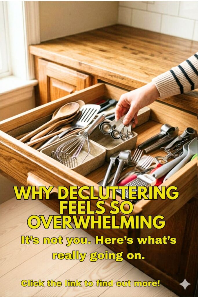 A vertical, close-up photograph of an open wooden kitchen drawer in the middle of being organized. A hand in a striped sweater sleeve holds a set of metal measuring spoons over a small organizer bin, while other utensils like a whisk, wooden spoons, and a garlic press are scattered around. The scene is illuminated by warm, natural light coming from a nearby window. In the dark, lower third of the image, serif text reads, "WHY DECLUTTERING FEELS SO OVERWHELMING," with the smaller subtitle below it, "It's not you. Here's what's really going on.”