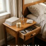 A vertical photograph of a cozy bedroom scene in soft morning light. A wooden bedside table sits next to a bed made up with textured beige linen sheets and pillows. The nightstand's drawer is slightly open, revealing loose pens and hair ties. On top of the table is a stack of books, a small lit candle in a ceramic jar, a pair of eyeglasses, and a tiny glass vase with lavender. The lower section of the image features a clean text overlay in a cream-colored serif font that reads: "You Don't Need A Full Day To Declutter" with the subtext "Ten minutes is enough to start." below it.