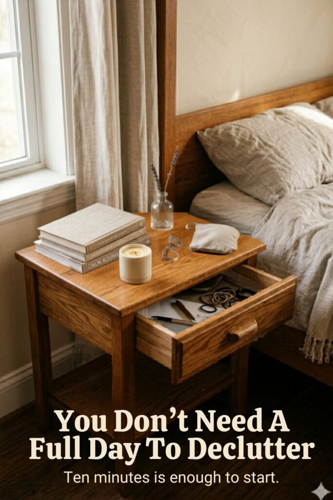 A vertical photograph of a cozy bedroom scene in soft morning light. A wooden bedside table sits next to a bed made up with textured beige linen sheets and pillows. The nightstand's drawer is slightly open, revealing loose pens and hair ties. On top of the table is a stack of books, a small lit candle in a ceramic jar, a pair of eyeglasses, and a tiny glass vase with lavender. The lower section of the image features a clean text overlay in a cream-colored serif font that reads: "You Don't Need A Full Day To Declutter" with the subtext "Ten minutes is enough to start." below it.