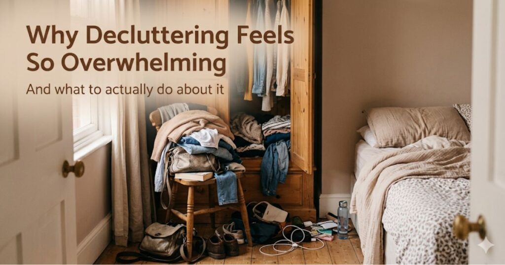 A view from a doorway looking into a messy but cozy bedroom with a warm, muted color palette. To the left, a wooden chair is piled high with unfolded clothes, a handbag, and a book. An open wooden wardrobe in the background shows more clothes draped over the shelves, and a few items are scattered on the floor next to a water bottle and some tangled charging cords. On the right, an unmade bed has a textured beige blanket and pillows. The overall lighting is soft and natural. In the upper-left corner, clean, dark brown text reads: "Why Decluttering Feels So Overwhelming" with the supporting line "And what to actually do about it" underneath.