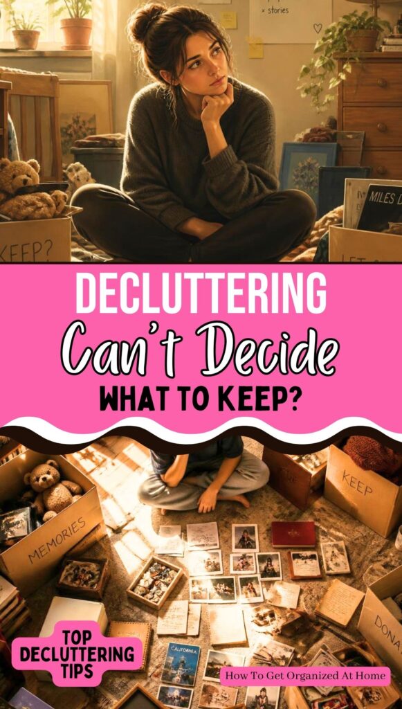 Decluttering! Can't Decide What To Keep? Are the words in a pink banner in the middle a woman is sitting on the floors with images surrounding her.