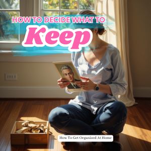 woman sitting on the floor of an empty room with a picture in her hand and an empty box on the floor. the words how to decide what to keep in pink letter at the top.
