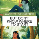 Want to live greener but don’t know where to start are the words across the middle. two images appear- one is a woman sitting in a forest thinking and the bottom image is a woman standing in a forest but with plastic items around her.