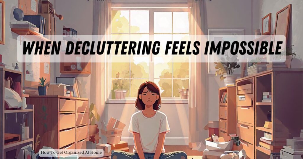 Woman meditating in cluttered room with sunlight streaming in.