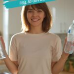 woman standing in a kitchen with a plastic bottle in each hand with the words, why does eco-friendly living feel so complicated.