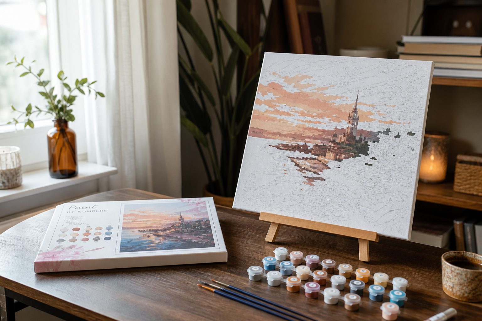 Organized paint by numbers hobby corner with canvas, paints, and brushes on a tidy desk