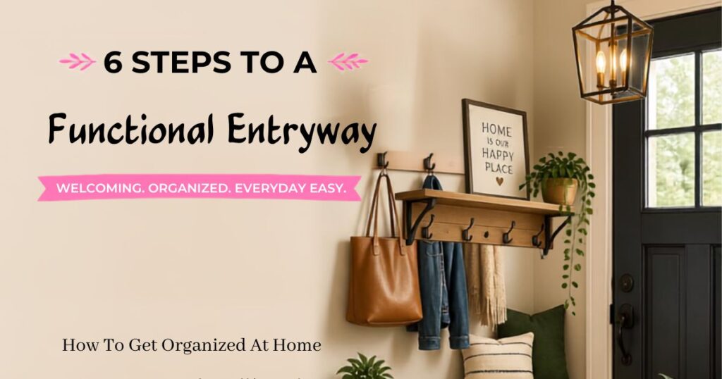 6 steps to a functioning entryway are the words on the left side of the image. The image on the right is a front door with a shelf and coats and bags hung underneath. 