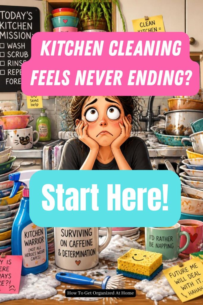 Kitchen Cleaning Feels Never-Ending? Start Here are the words over the top of a cartoon image of a woman in a kitchen with reminders of what to do but with dirty dishes piled up.