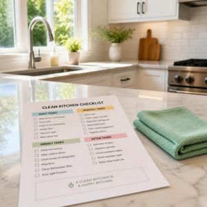 A clean kitchen with a kitchen cleaning checklist on the counter with a cleaning cloth sitting next to it.