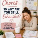 Exhausted woman sitting beside a family chore board and household to-do lists, highlighting how managing chores can add to the mental load.