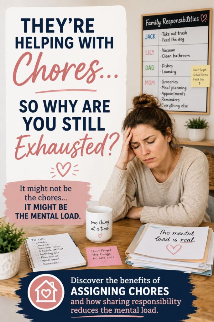 Exhausted woman sitting beside a family chore board and household to-do lists, highlighting how managing chores can add to the mental load.